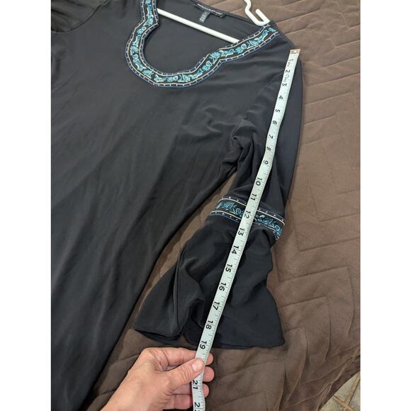 Black tunic style peasant top w/bell sleeves & teal ribbon trim size Large - Picture 10 of 11